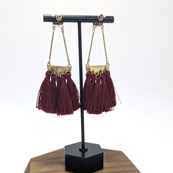 Vintage Burgundy Tassel Statement Earrings Boho Chic Jewelry - Picture 6 of 8